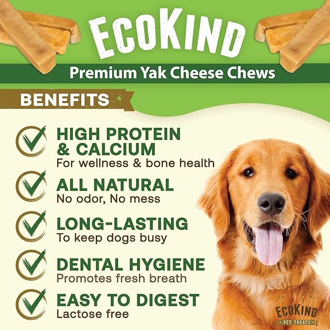 EcoKind Premium Gold Yak Cheese Himalayan Dog Chews, Dog Treats Large Breed, All Natural, High Protein Dog Chew, Cheese, Large - 5 Chews