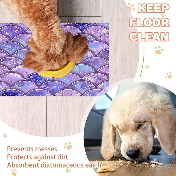 Mermaid Scales Dog Food Mat for Floors Absorbent Dog Bowl Mat for Food and Water Dispenser Quick Dry Cat Food Placemat Pet Supplies 17" x 30", Ocean Beach