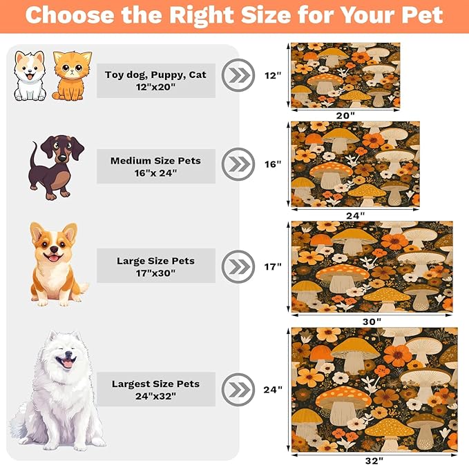 Mushroom Dog Food Mat for Floors Absorbent Dog Bowl Mat for Food and Water Dispenser Quick Dry Cat Food Placemat Pet Supplies 24" x 32", Wildflower