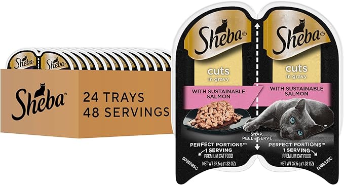Sheba Perfect Portions Wet Cat Food Cuts in Gravy, Cat Food Wet Recipe, Sustainable Salmon Entree, 2.6 oz. Twin-Pack Trays (24 Count, 48 Servings)