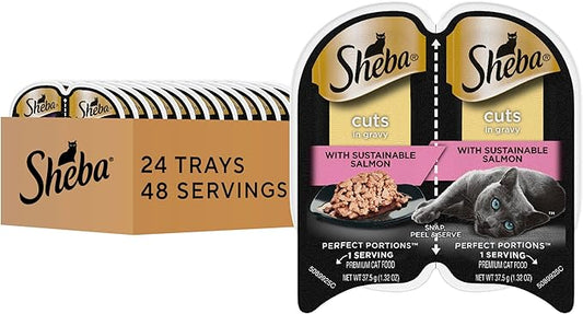 Sheba Perfect Portions Wet Cat Food Cuts in Gravy, Cat Food Wet Recipe, Sustainable Salmon Entree, 2.6 oz. Twin-Pack Trays (24 Count, 48 Servings)