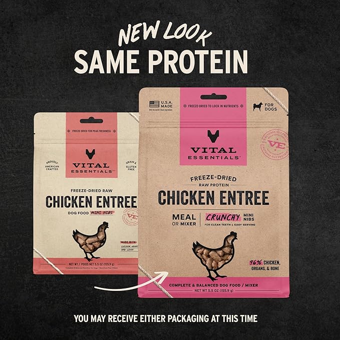 Vital Essentials Freeze Dried Dog Food, Raw Chicken Crunchy Mini Nibs | Complete Meal or Topper | 96% Chicken, Organs & Bone | Limited Ingredient, High Protein, Grain Free Dry Dog Food | 5.5 oz Bag