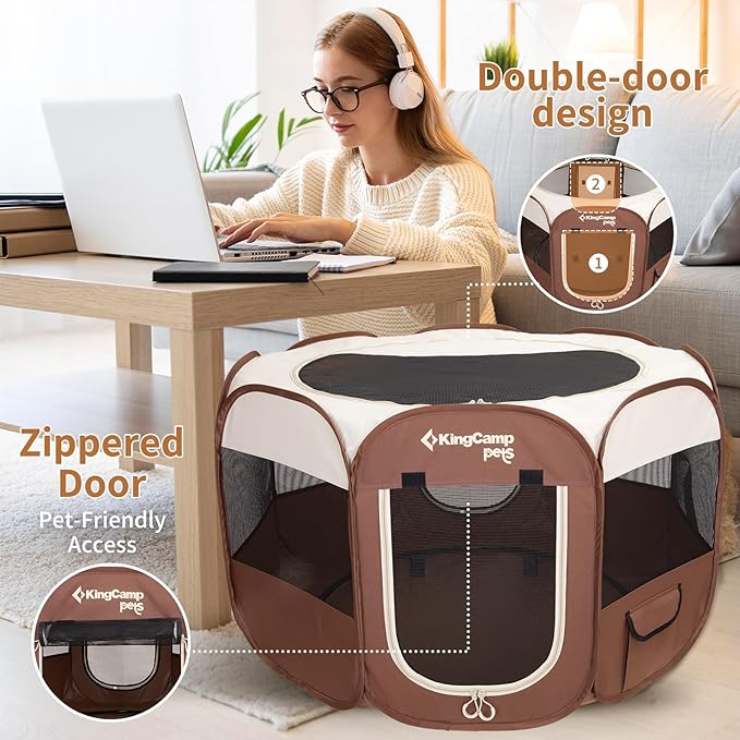 KingCamp Dog Playpen, Portable Foldable Cat Kitten Puppy Tent Crates 29"/36"/50" Pop Up Pet Playpen with Zippered Bottom & Cover for Indoor Outdoor Use (Medium, Khaki)