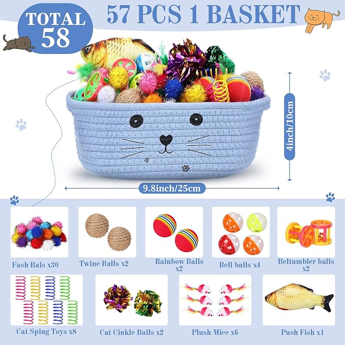 Zopeal 58 Pcs Easter Cat Storage Basket Gift Toys Set, Colorful Flashing Balls Pet Bell Crinkle Balls Spring Toys Attract Cat to Swat, Hunt, Interactive for Pet(Light Blue,9.8 Inch)