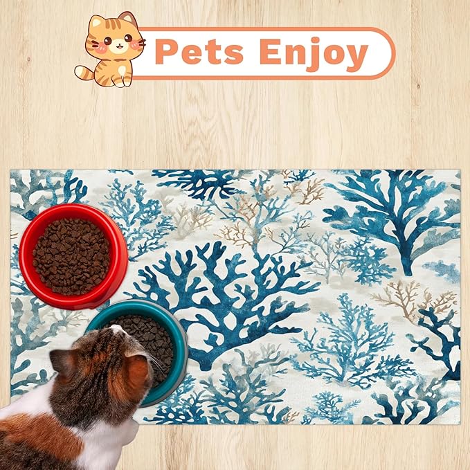 Nautical Coastal Dog Food Mat for Floors Absorbent Dog Bowl Mat for Food and Water Dispenser Quick Dry Cat Food Placemat Pet Supplies 24" x 32", Watercolor Coral