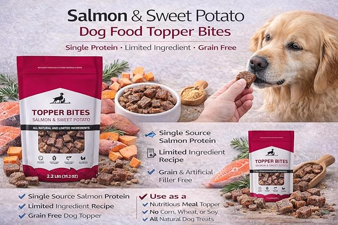 Salmon & Sweet Potato Dog Food Topper Bites, 2.2 lb (35.2 oz) – Single Protein, Grain Free, Limited Ingredient, Natural Dog Treats for Meal Toppers & Training