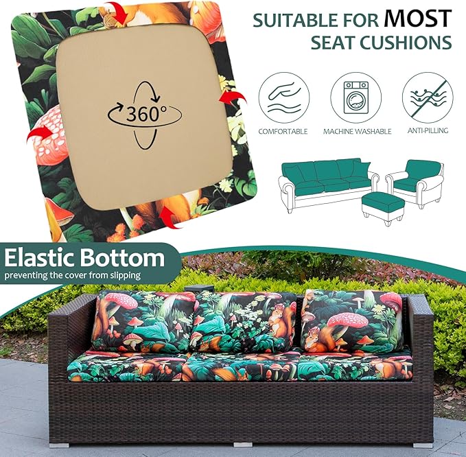 HANDONTIME Forest Outdoor Cushion Covers 8pcs Squirrel Mushroom Couch Cushion Covers Replacement Patio Couch Cover Black Sofa Cover Indoor Patio Cushion for Outdoor Furniture Washable, Cover Only