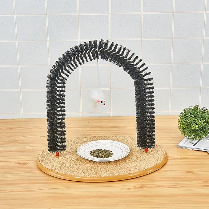 Cat Brush Arch Massager, Self Groomer with Scratch Pad Hanging Plush Mice Comb Scratcher Non-slip Kitten Back Massager for Pets