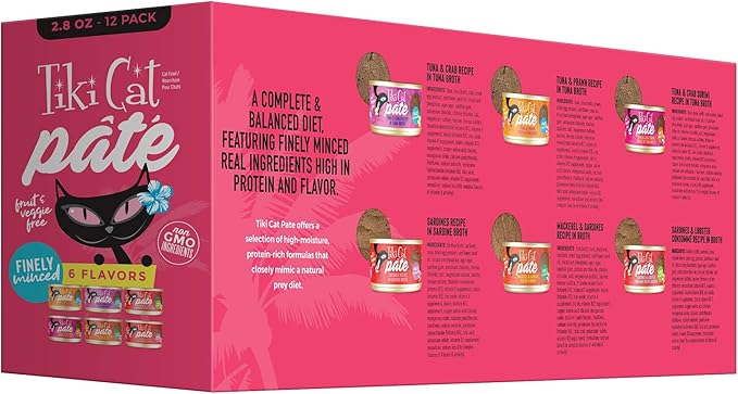 Tiki Cat Grill Pâté Variety Pack, Combinations of Real Flaked Fish, Wet High-Protein & High-Moisture Cat Food, 2.8 oz. Cans (Pack of 12)