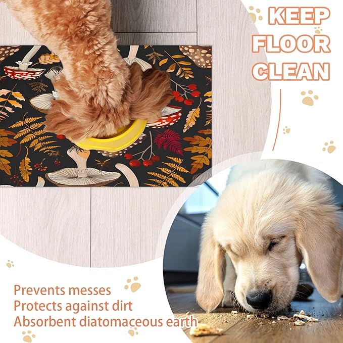 Autumn Mushroom Dog Food Mat for Floors Absorbent Dog Bowl Mat for Food and Water Dispenser Quick Dry Cat Food Placemat Pet Supplies 17" x 30", Fall Maple Leaf