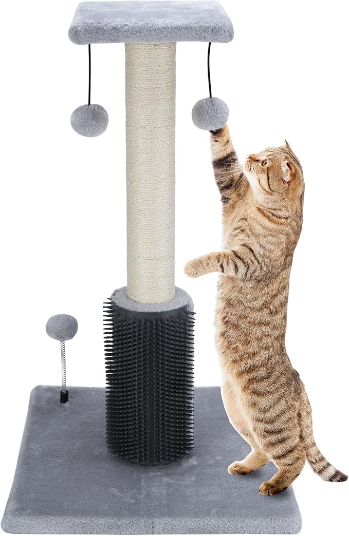 Dimaka 27" Tall Cat Scratching Post, Plush Top Perch and Bottom Soft Brush, Vertical Sisal Rope Scratch Posts with Balls for Indoor Cats and Kitten (Grey)