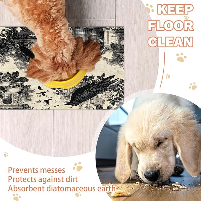 Halloween Crow Dog Food Mat for Floors Absorbent, Quick Dry Water Dispenser Mat for Food, Water, Pet Supplies 12" x 20", Skull