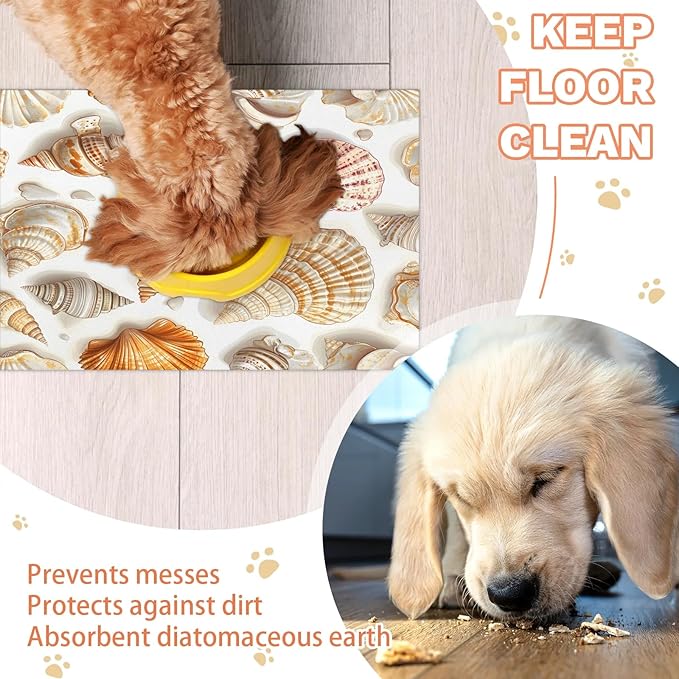 Ocean Theme Dog Food Mat for Floors Absorbent Dog Bowl Mat for Food and Water Dispenser Quick Dry Cat Food Placemat Pet Supplies 24" x 32", Seashell Beach
