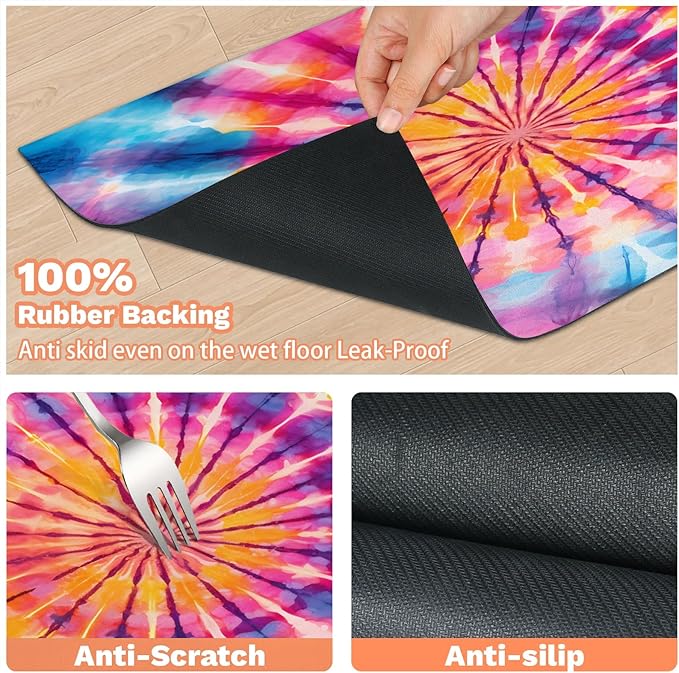 Tie Dye Dog Food Mat for Floors Absorbent, Quick Dry Water Dispenser Mat for Food, Water, Pet Supplies 12" x 20", Boho Colorful