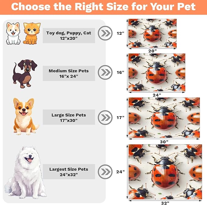 Cute Ladybird Dog Food Mat for Floors Absorbent, Quick Dry Water Dispenser Mat for Food, Water, Pet Supplies 17" x 30", Black Red Ladybird