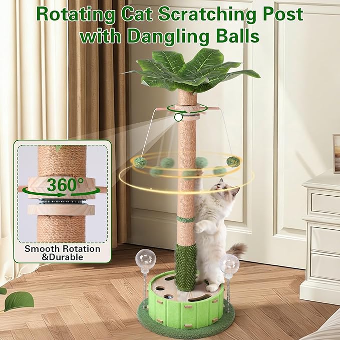 40" Tall Cat Scratching Post, Scratching Posts for Indoor Cats Adults and Kittens with Rotating Hanging Ball, Interactive Cat Puzzle Toy and Spring Cat Treat Dispenser, Palm Tree Scratch Post for Cats