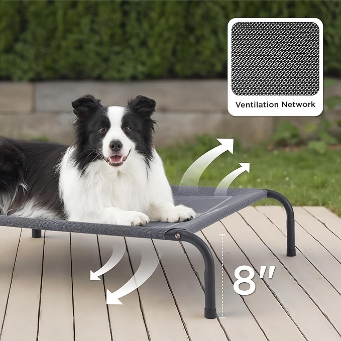 Bedsure Outdoor Elevated Dog Bed Large Sized Dog, Portable Indoor & Outdoor Cooling Raised Cot Pet Hammock Bed with Skid-Resistant Feet, Frame with Breathable Mesh, Striped Grey, 49 inches