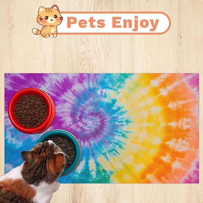 Tie Dye Dog Food Mat for Floors Absorbent, Quick Dry Water Dispenser Mat for Food, Water, Pet Supplies 12" x 20", Colorful Geometric