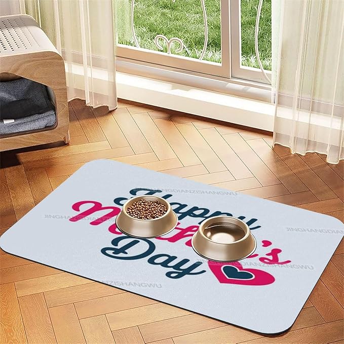Dog Food Mat Happy Mother's Day Floral Gift for Mom Dg Absorbent Water Bowl Mats Cat Pet Feeding Placemats 24x16In
