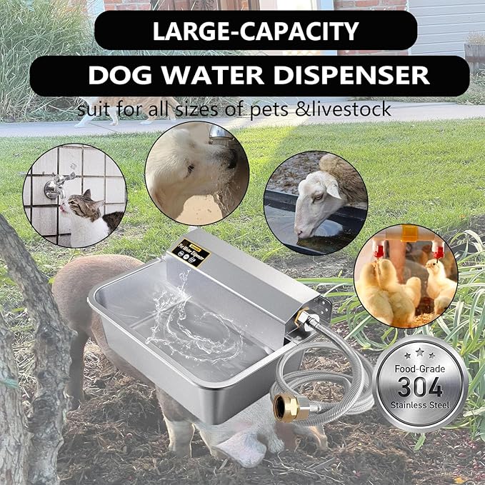 6L Automatic Pet Water Dispenser, 304 Stainless Steel. Auto - Refill, fits GHT 3/4" Faucet. Indoor/Outdoor use, Ideal for Multi - pet & Livestock.