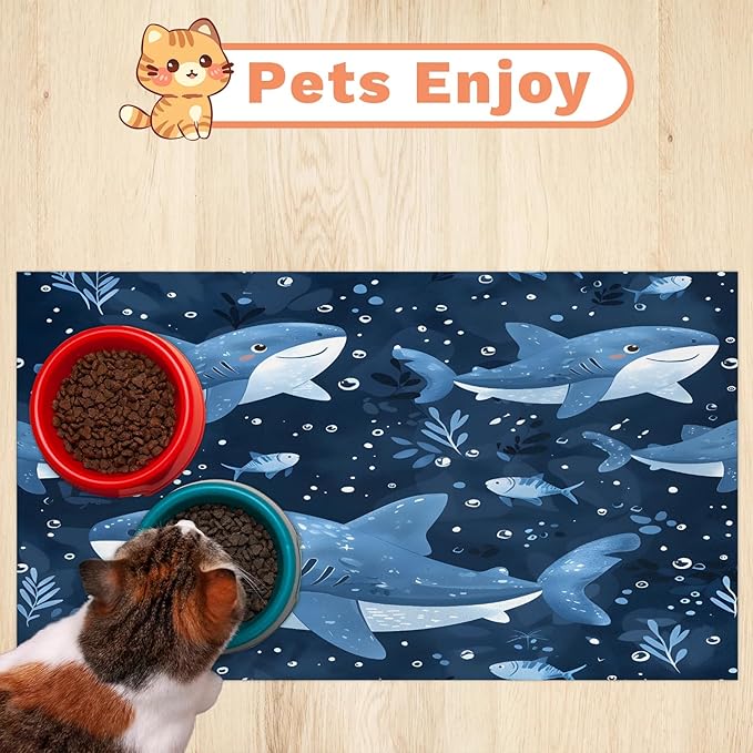 Shark Dog Food Mat for Floors Absorbent Dog Bowl Mat for Food and Water Dispenser Quick Dry Cat Food Placemat Pet Supplies 16" x 24", Ocean Sea