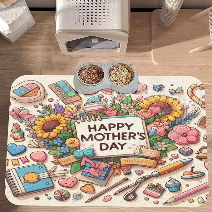 Pet Feeding Mat Absorbent Dog Mat for Food Water Bowl No Stains Quick Dry Water Dispenser Mats Happy Mother's Day Sunflower Gift Mom Dp Dog Accessories Pet Supplies Bowl for Messy Drinkers 24x16In