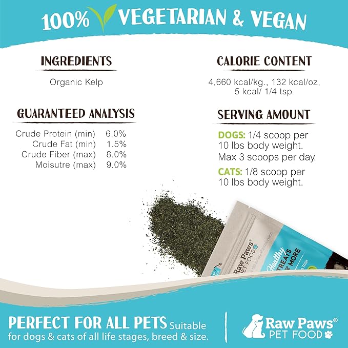 Raw Paws Organic Kelp Powder for Dogs & Cats (8-Ounce) - Supports Thyroid, Digestive & Immune Health - Dried Sea Kelp for Dogs - Seaweed Powder Supplement