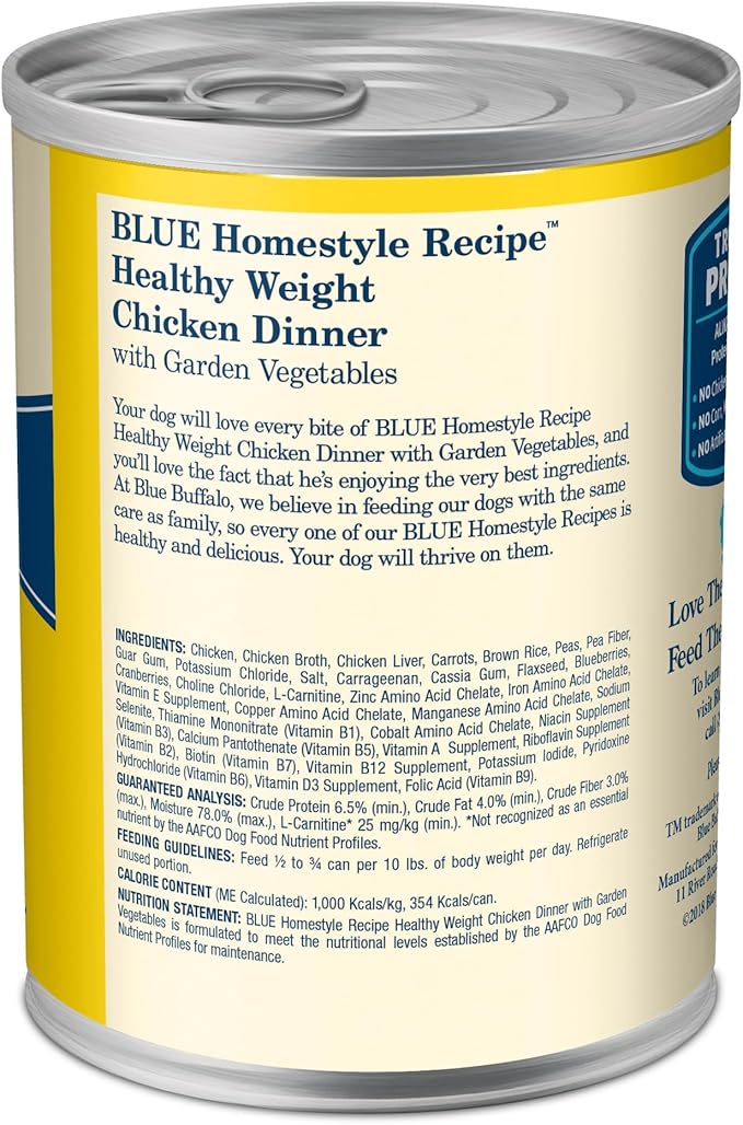 Blue Buffalo Homestyle Recipe Healthy Weight Chicken Dinner with Garden Vegetables Wet Dog Food for Adult Dogs, Chicken Recipe, 12.5 oz. Cans, 3 Count