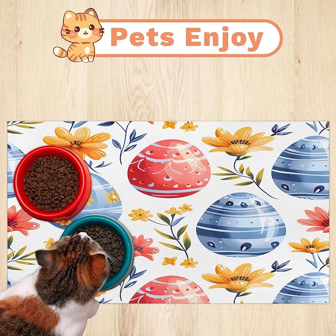 Spring Easter Eggs Dog Food Mat for Floors Absorbent Dog Bowl Mat for Food and Water Dispenser Quick Dry Cat Food Placemat Pet Supplies 24" x 32", Floral