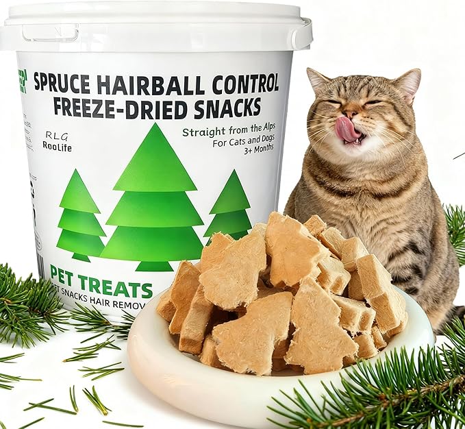RLG High-Protein Freeze Dried Cat Treats—Hairball Control, Grain-Free, Digestive & Dental Care, Shiny Coat with Fish Oil & Spruce Fiber (1 Tub/1.41oz)