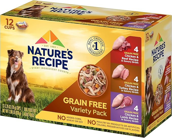Nature’s Recipe Grain Free Chicken & Beef, Chicken & Turkey, Chicken & Lamb Wet Dog Food Variety Pack, 2.75 Ounce (Pack of 12)