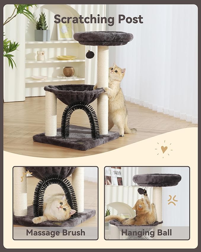 FluffyDream Cat Tree Tower for Indoor Cats, 27.8 Inches Multi-Level Cat Tree with Scratching Posts Plush Basket & Perch for Play Rest, Cat Activity Tree with Dangling Ball for Kittens/Small Cats
