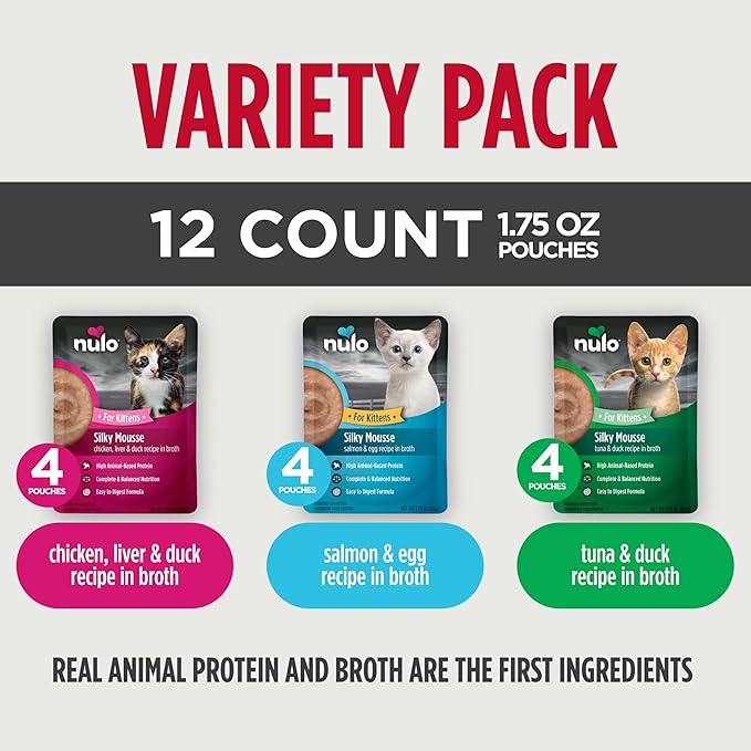 Nulo Silky Mousse Kitten Variety Pack with Salmon, Chicken & Tuna for Kittens, 1.75 oz, Case of 12