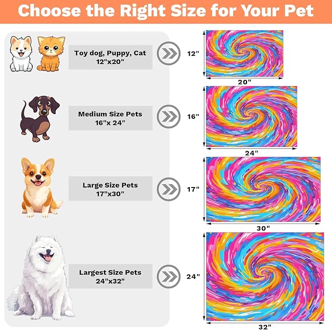 Tie dye Dog Food Mat for Floors Absorbent, Quick Dry Water Dispenser Mat for Food, Water, Pet Supplies 12" x 20", Colorful Boho Rainbow