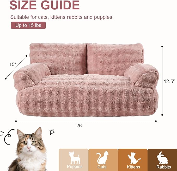 Cat Couch Bed, Cute Soft Pet Sofa for Indoor Cats Kittens Puppies with Removable Washable Cover, 26"x15", Dusty Pink