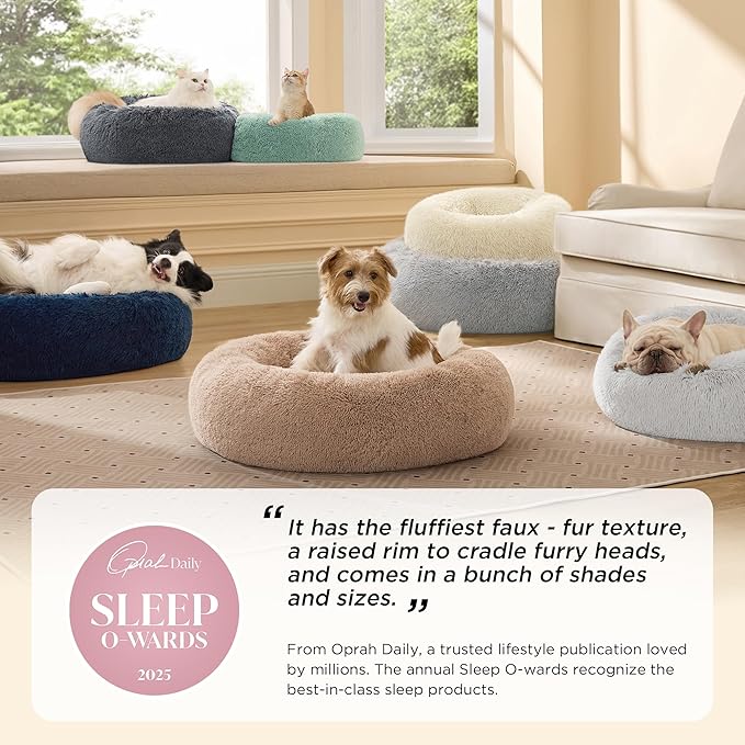 Bedsure Calming Dog Bed Medium Size Dog - Donut Washable Medium Pet Bed, 30 inches Anti-Slip Round Fluffy Plush Faux Fur Cat Bed, Fits up to 45 lbs Pets, Camel