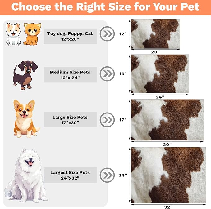 Cow Fur Dog Food Mat for Floors Absorbent Dog Bowl Mat for Food and Water Dispenser Quick Dry Cat Food Placemat Pet Supplies 24" x 32", Cow Print