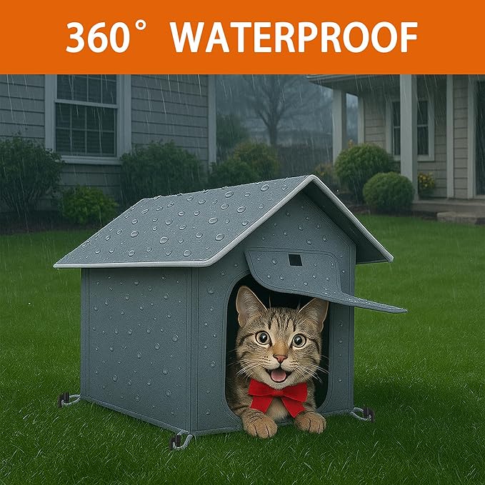 Outdoor Cat House with Cozy Cushion, Waterproof Insulated Cat Houses for Outdoor Cats, Shelter for Feral Pet Outside, Design for All Weather, Dark Grey