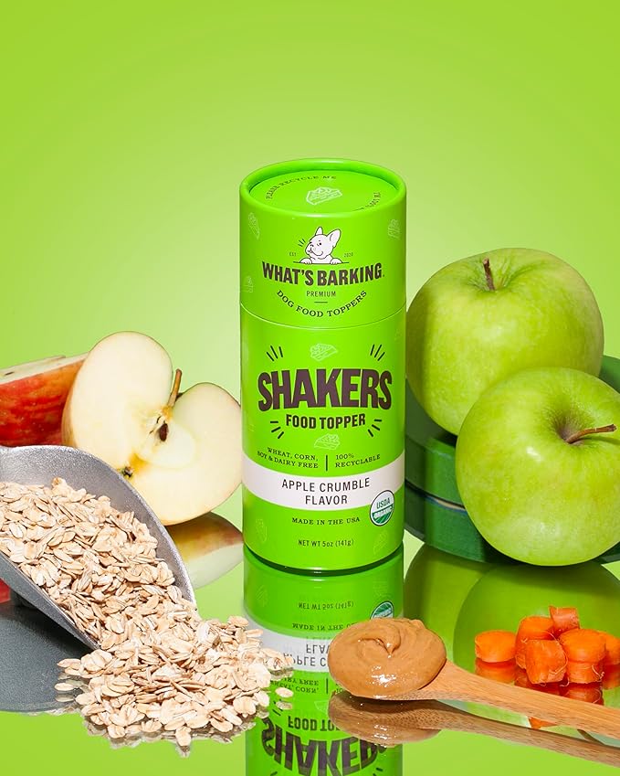What's Barking Shakers Meal Toppers, Dog Treat Crumbles for Food Topping, Pet Essentials, Shake & Pour Topper for Kibble or Wet Food, Made in USA, Shaker Tube, Apple Crumble Flavor, 5 oz