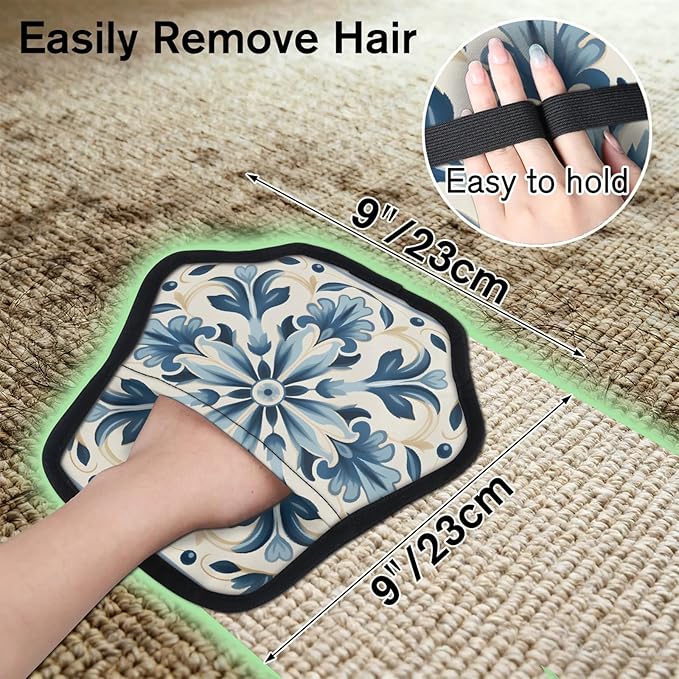 Reusable Pet Hair Removal Glove Blue Flower Magic Brush for Cat & Dog Hair Remover for Car, Sofa, Bedding, Clothes - 9x9 Mitt Washable