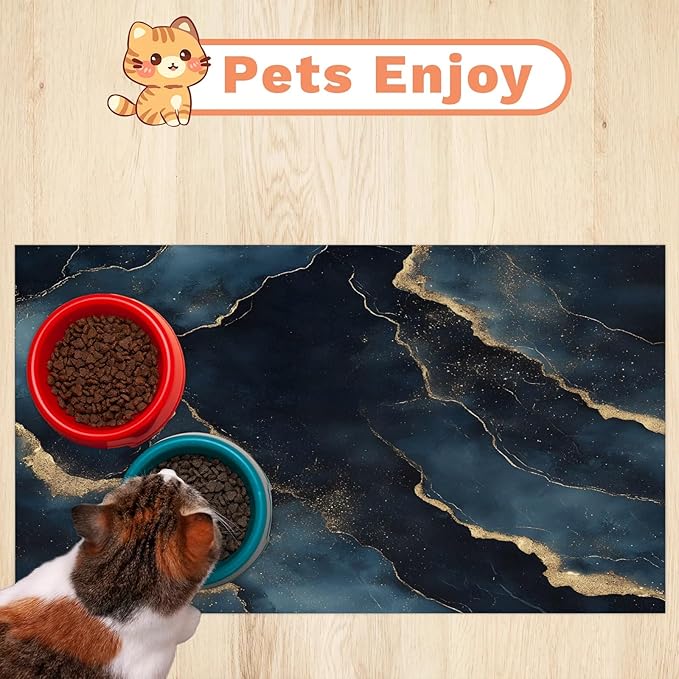 Black Marble Dog Food Mat for Floors Absorbent, Quick Dry Water Dispenser Mat for Food, Water, Pet Supplies 12" x 20", Marble