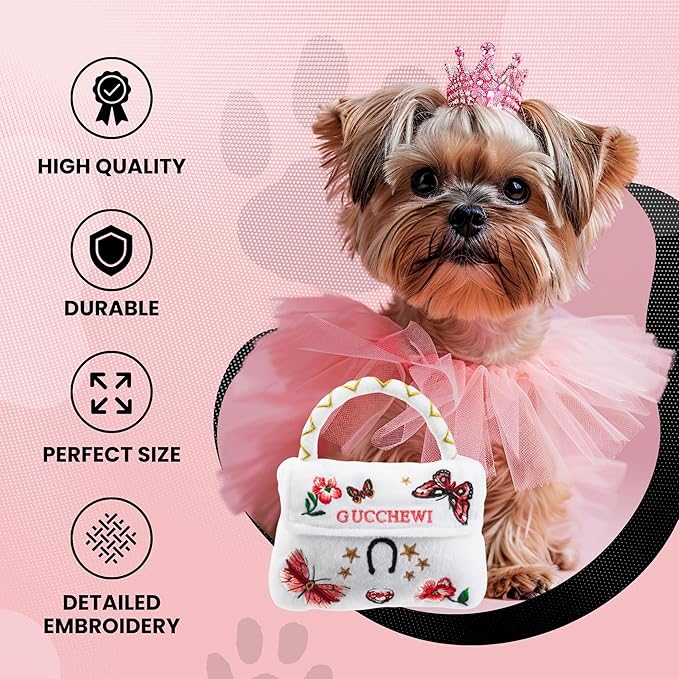 Dog Diggin Designs Gucchewi Butterfly Plush Dog Toy Purse | Luxury-Inspired Parody Designer Handbag with Squeaker, Soft Plush Fashion Dog Toy – Haute Couture Purses & Handbags