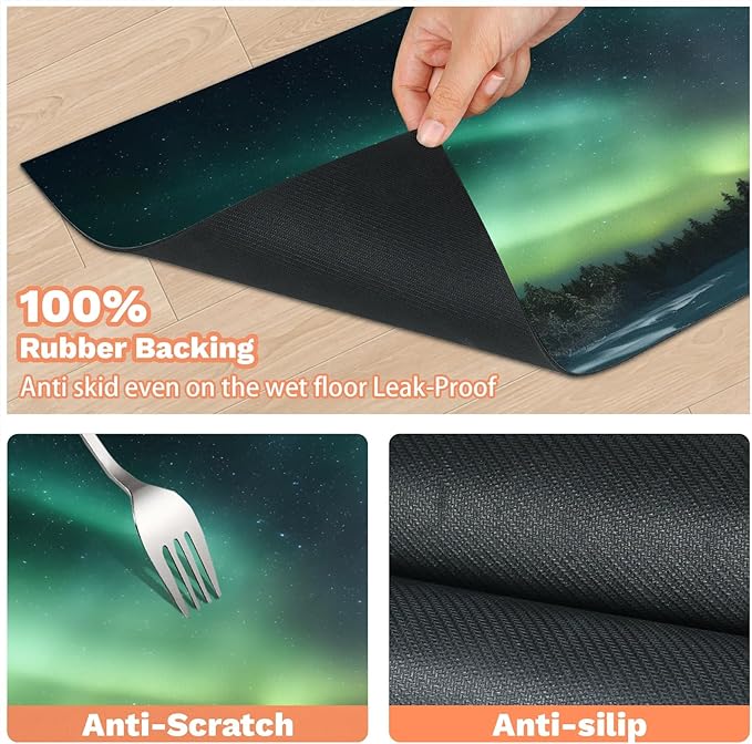 Northern Light Dog Food Mat for Floors Absorbent, Quick Dry Water Dispenser Mat for Food, Water, Pet Supplies 17" x 30", Aurora Forests
