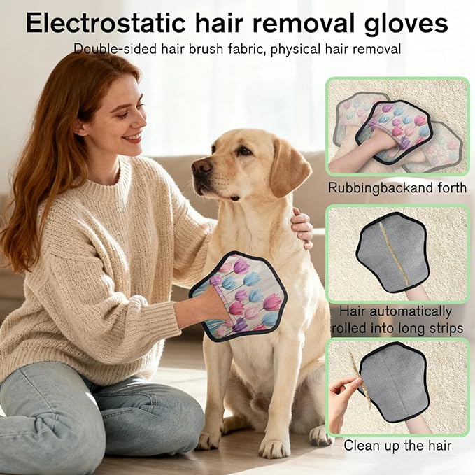Reusable Pet Hair Removal Glove Tulip Flowers Magic Brush for Cat & Dog Hair Remover for Car, Sofa, Bedding, Clothes - 9x9 Mitt Washable