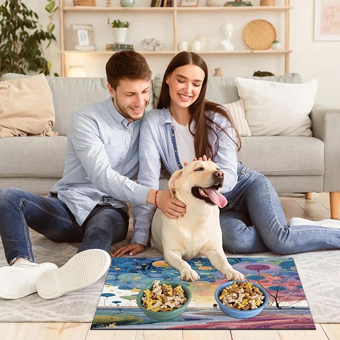 Forest Dog Food Mat for Floors Absorbent, Quick Dry Water Dispenser Mat for Food, Water, Pet Supplies 17" x 30", Colorful Balloon