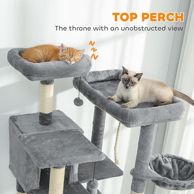 PawHut Flower Cat Tree, 69" Large Cat Tower for Indoor Kittens with 2 Spacious Condos, Sisal Scratching Posts, 2 Hanging Balls, Perches, Ramp, Bed, Dark Gray