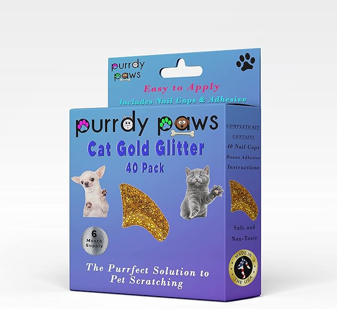 6 Month Supply Soft Nail Caps for Cats Gold Glitter Large - Extra Adhesives