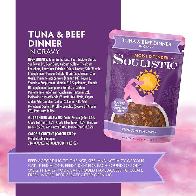 Soulistic Moist and Tender, Tuna and Beef Dinner in Gravy, 3oz Pouch, Pack of 8