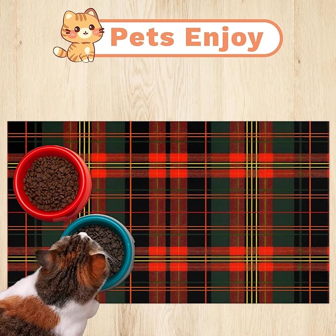 Buffalo Check Dog Food Mat for Floors Absorbent, Quick Dry Water Dispenser Mat for Food, Water, Pet Supplies 16" x 24", Red Green