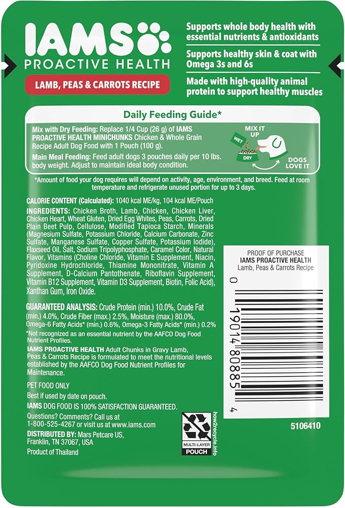 IAMS Proactive Health Adult Wet Dog Food, Lamb, Peas and Carrots Recipe, 3.5 oz. Pouch (16 Count, Pack of 1)